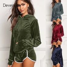 DevenGee Women’s Tracksuit Two Piece Set Autumn Winter Sportswear Velvet Hoodie Top Short Pant Outfit Female Sporting Sweat Suit