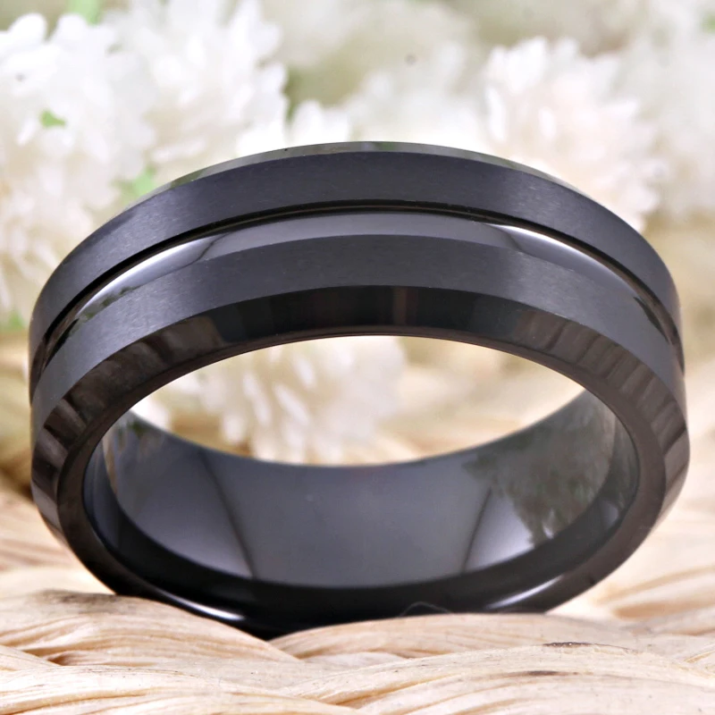 YGK Wedding Jewelry New Tungsten Rings for Men's Bridegroom Wedding Engagement Anniversary Ring Matte Black Bevel With Groove