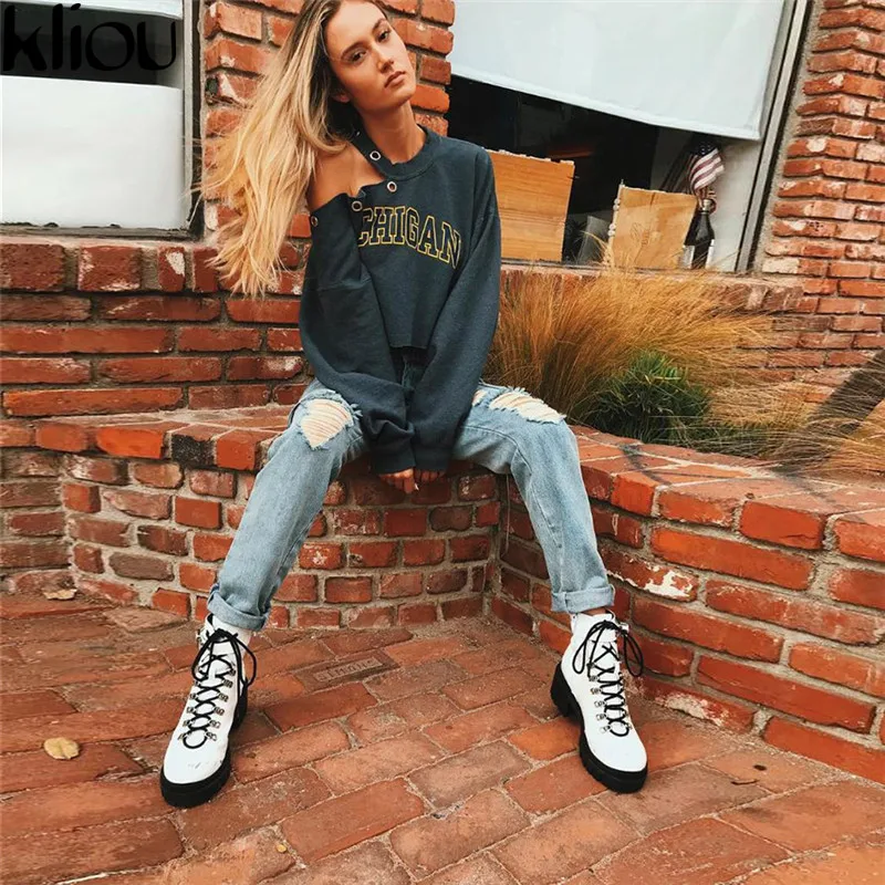 

Kliou 2018 autumn fashion street women full sleeve o-neck hollow out sweatshirts short letter print pullovers female top clothes