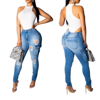 

Women'S Jeans With High Waist Destroyed Ripped Distressed Jeans Slim Denim Pants Holes Side Pocket Broken Hip Push Up Jeans Lady