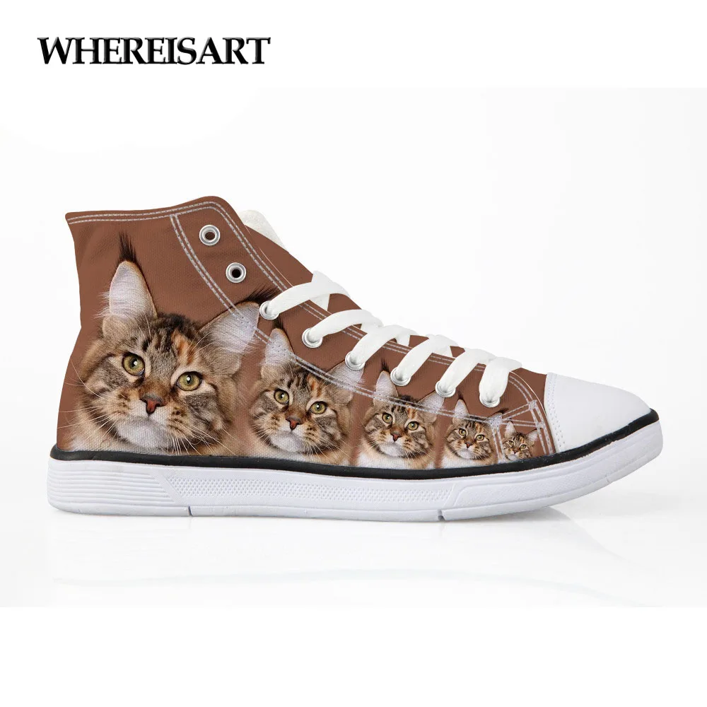WHEREISART Cute Cats Printing Shoes Women Vulcanize Shoes High Top Canvas Shoes Casual Lace-up for Female Flats Sapato Feminino