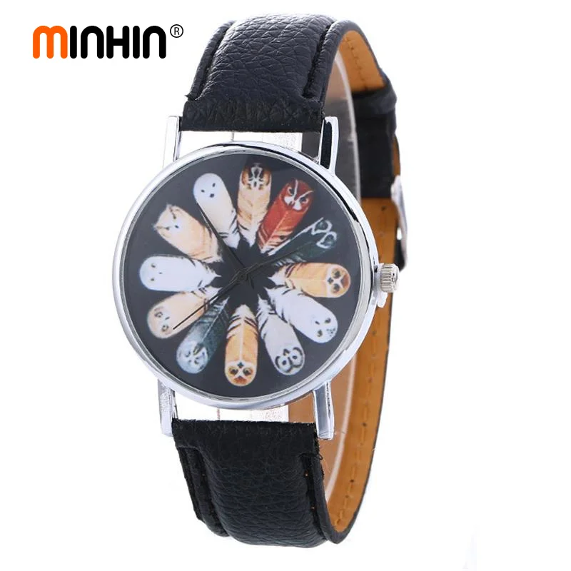 

MINHIN 2018 Women Creative Watches Fashion Casual Ladies Geneva Wristwatches Leather Band Owl Design Analog Relojes Mujer