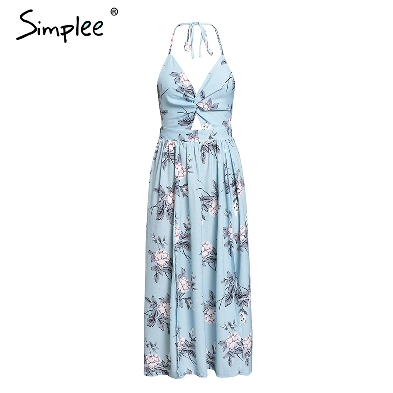 Летнее женское длинное платье Simplee, из шифона с разрезом, винтажный пляжный сарафан с привлекательным цветочным принтом, с V-образным вырезом - Цвет: Blue Print