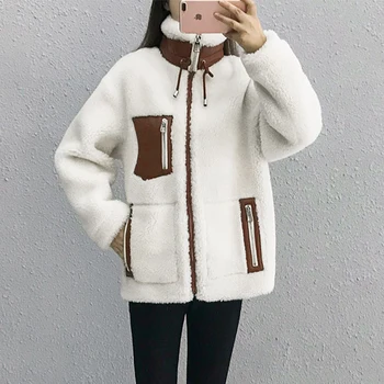 

Fur Coat Women Suede LiningContrast Color Patched Design Zipper Shearling Jacket Long Sleeve Stand Collar Fur Jacket rf1907