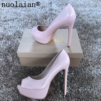 

14CM Peep Toe Women Platform Pumps Sexy Summer Sandals Woman High Heel Shoes Lady Red Leopard Black Patent Leather High Heels