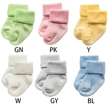 

1Pair Infant Toddler Baby Anti-Slip Rubber Dot Floor Short Ankle Towel Socks Combed Cotton Thicken Solid Color Cuffed Autumn