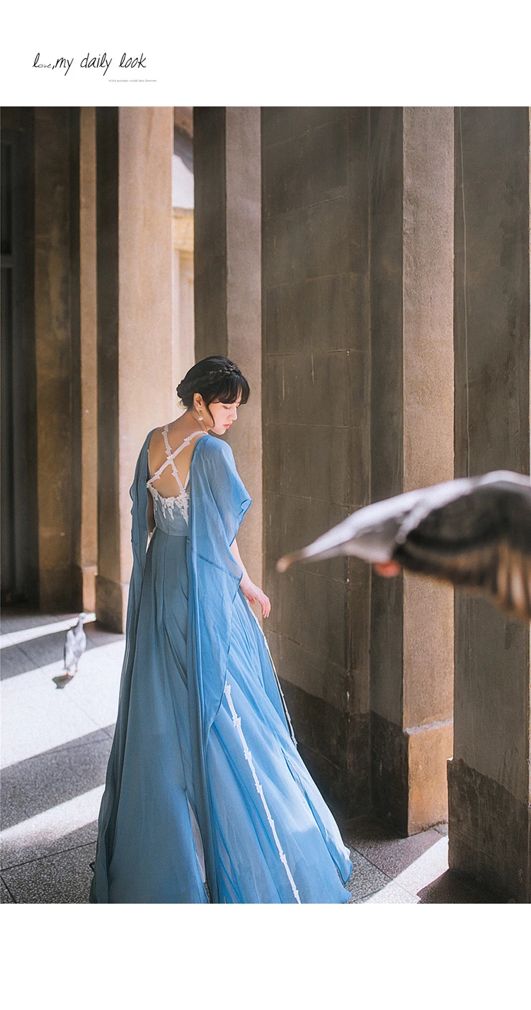 YOSIMI летнее макси Элегантное длинное женское платье с коротким рукавом пляжная туника тонкая сказочная женская синяя белая шифоновая одежда