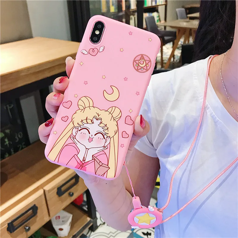 

Sailor Moon Patterned Case For iPhone 6 6s 7 Plus Cover Soft Silicone Hang Rope Cover For iPhone XS MAX XR XS 8 Plus X 10 Capa