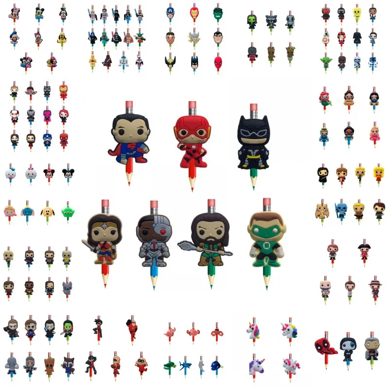 

1000pcs Cartoon PVC Pencil Toppers Mickey Avengers Unicorns Game of Thrones Groot Pen Grips Caps Stationery Kids Gift