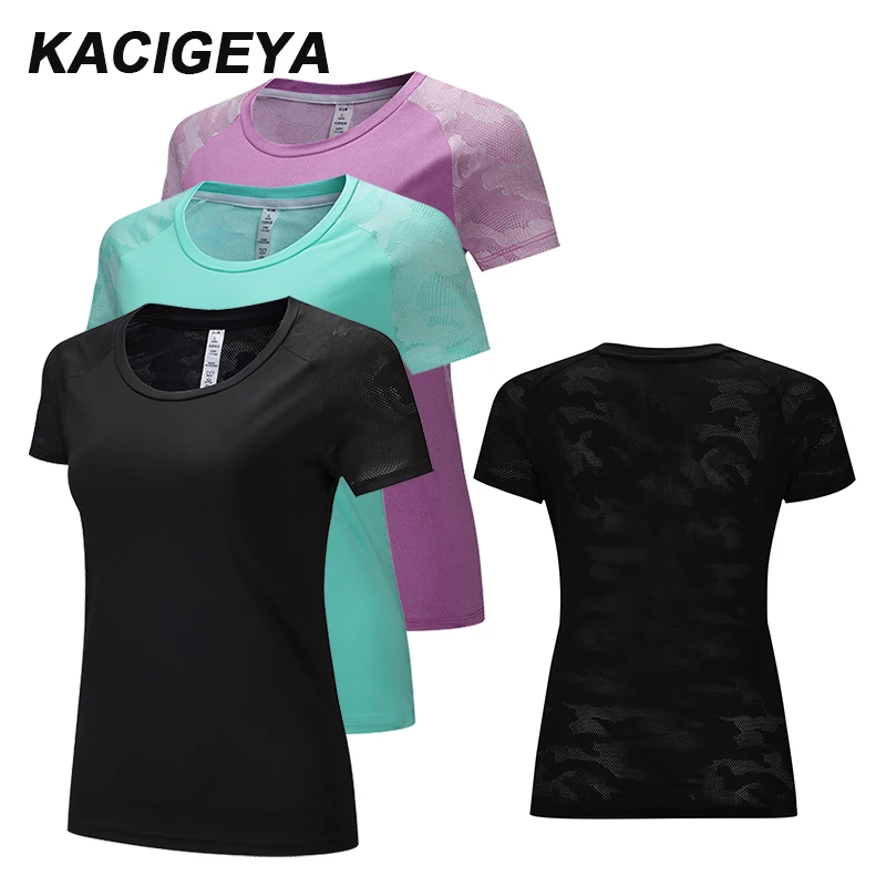 Женские футболки для фитнеса и йоги, сетчатые, с круглым воротником, полиэстер, спортивные, с коротким рукавом, тренировочные Топы для женщин, быстросохнущие футболки для фитнеса