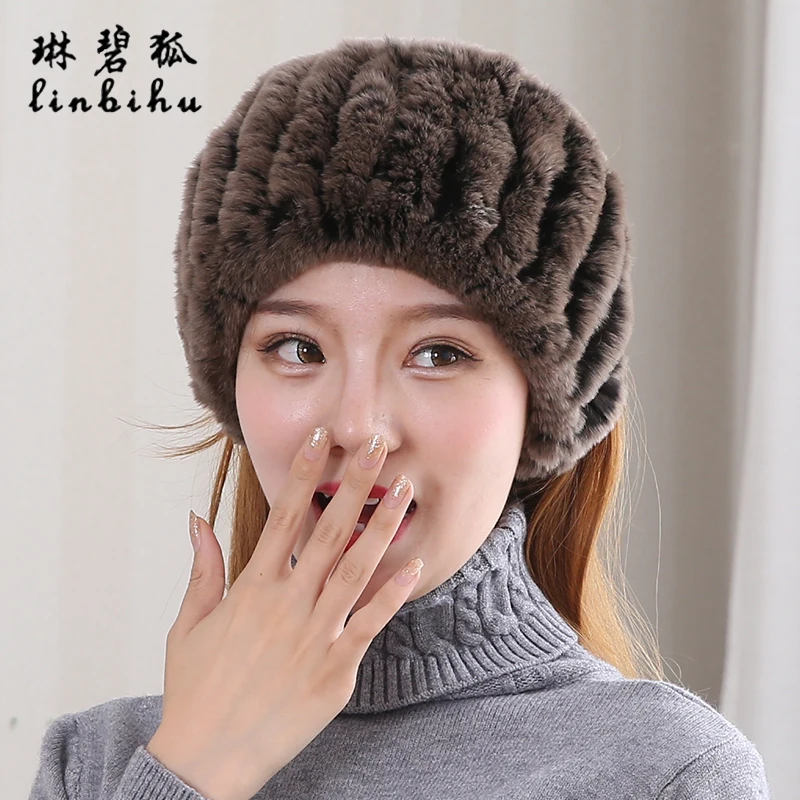 Women S Fur Hats Real Rex Rabbit Knitted Striped Genuine Fur Hair