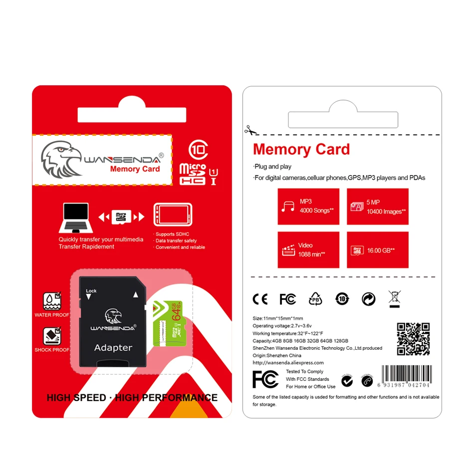 WANSENDA Высокое качество Micro SD карта 4 Гб класс 6 8 16 10 памяти TF с бесплатным адаптером