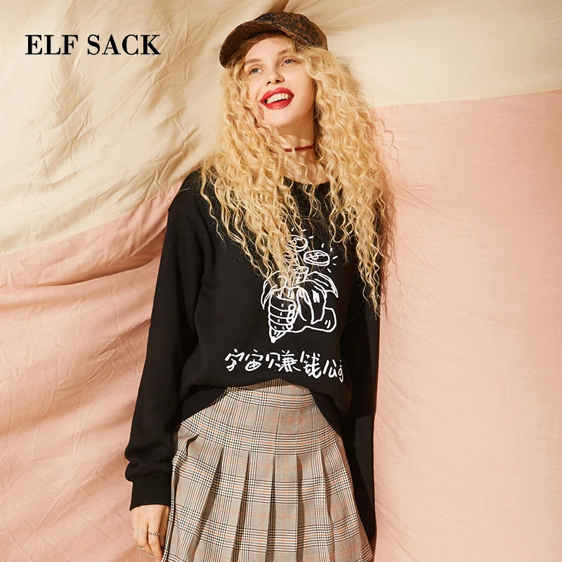 

ELF SACK Winter New Woman Sweatshirts Cotton Casual Full O-Neck Pullovers Women Hoodies Chinese Print Femme Sudadera Female