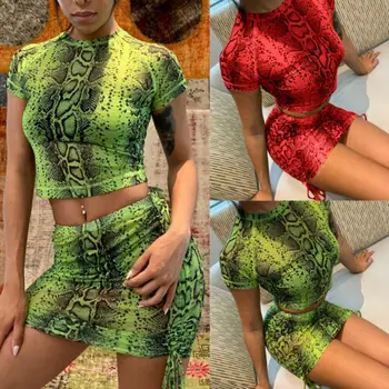 

UK Women Snake T Shirt Top Bodycon Skirt Co Ord Set Party Holiday Mini Skirt New