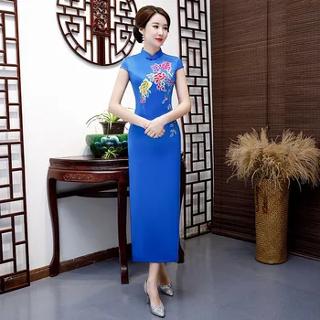 

Blue Sexy Long Cheongsam 2019 Summer Vintage Chinese style Dress Fashion Womens Rayon Qipao Slim Party Dresses Button Vestido
