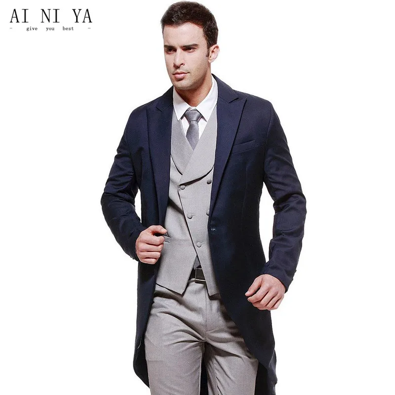 Custom formal suit peak lapel groom a button long jackets men's wedding