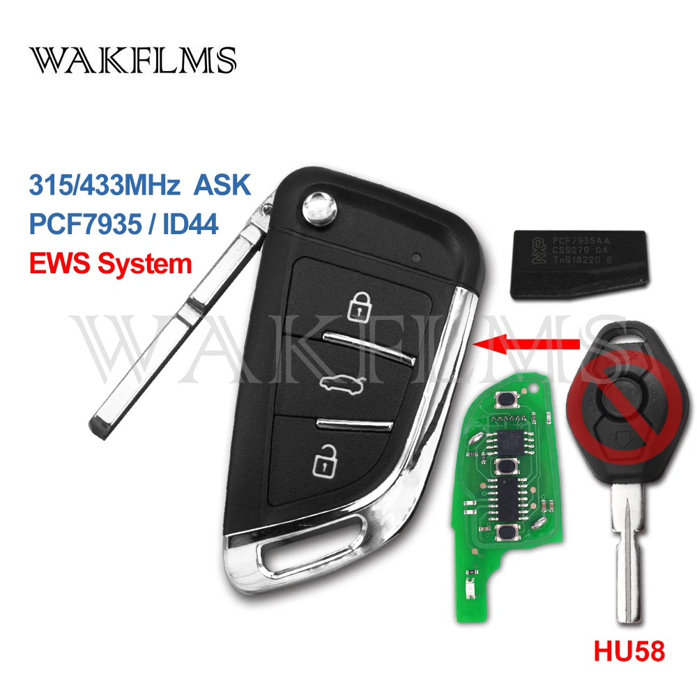 

3 Button 433MHz 315MHz ID44 PCF7935 Upgraded DIY Car Remote Key For BMW EWS X3 X5 330 325 525 Series Keyless Entry Transmitter