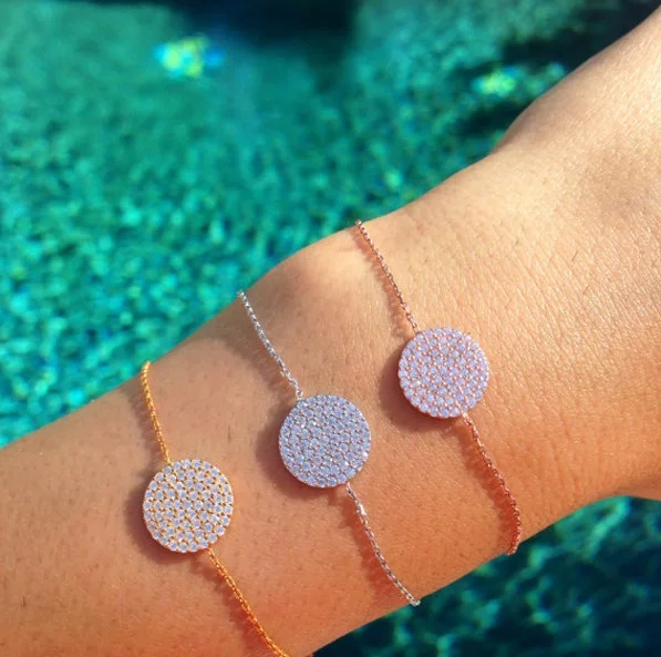 

16+5cm Minimalism Gold Silver color paved clear zirconia Disc Charm Bracelets For Women Round Coin Jewelry for Friendship Gifts