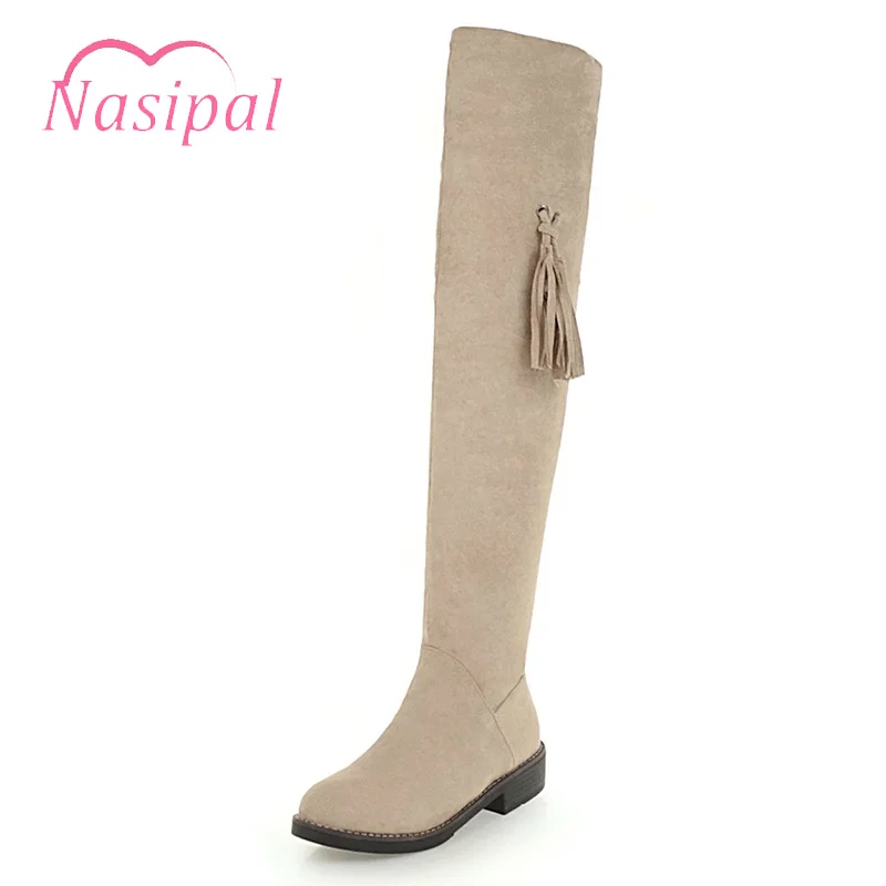 Nasipal Thigh High Fringe Long Boots Low Square Heel Round Toe Martin