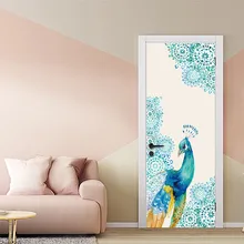 77x200cm 3D Blue Peacock Door Stickers For Living Room Bedroom PVC Self Adhesive Wallpaper Home Decor DIY Waterproof Mural Decal