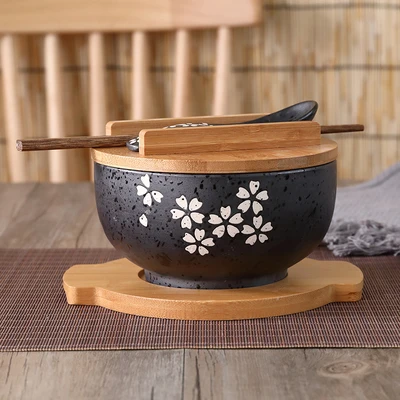 Японская кухня посуда Сакура суп ramen лапша Коробка корейский Винтаж Черная керамическая чаша с ложкой и палочками для еды крышка - Цвет: Set with tray