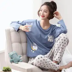 100% хлопок 2018 Мода Демисезонный Для женщин S Пижамы для девочек с длинными рукавами и круглым вырезом Для женщин пижамы для девочек ночная
