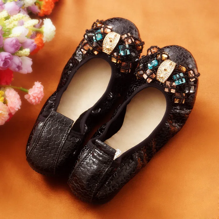 Single Ballet Flat Women's shoes Egg Roll Mother Shoes Leather Shallow Casual Lady Shoes Female Flat Shoes Round Head Diamod Bow (14)