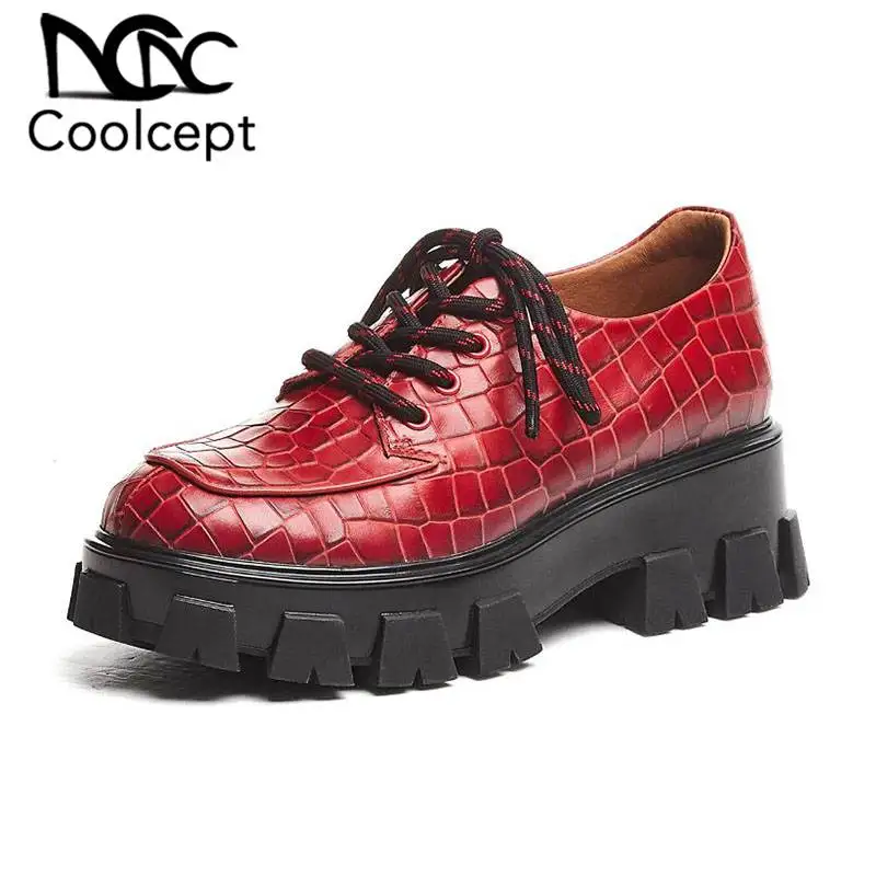 

Coolcept Women Flats Shoes Genuine Leather Stone Pattern Brand New Shoes Women Thick Bottom Lace Up Casual Footwear Size 34-39