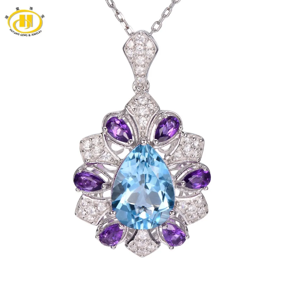

Hutang 8.41ct Natural Blue Topaz & Amethyhst Gemstone Jewelry Solid 925 Sterling Silver Women Necklaces & Pendants Free Chain