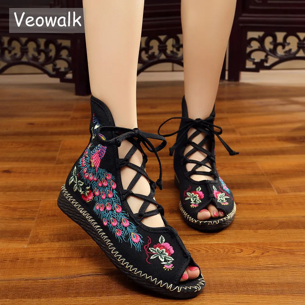 Veowalk/женские парусиновые сандалии гладиаторы с вышивкой павлина и открытым