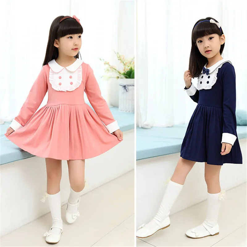 

Kids Girls Dresses 2016 Spring Autumn Fashion Cute Style Cotton Bow Long Sleeves Solid Ruched Dress Children's Girls Clothing