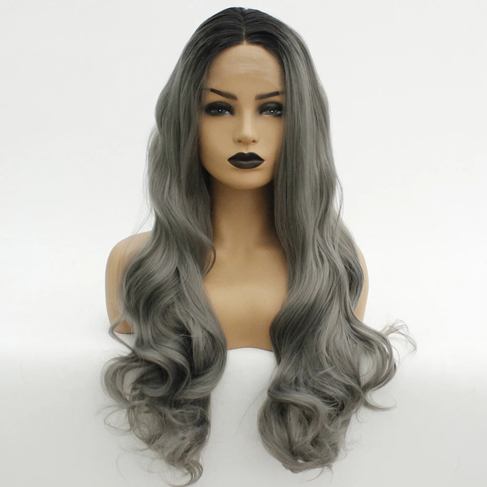 Middle Part Gray Wigs Dark Grey Ombre Black Roots Long Body Wave Synthetic Lace Front Wig for Women High Temperature Fiber -1