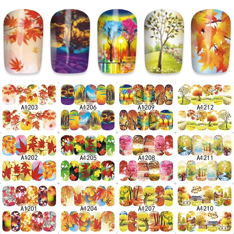 

YZWLE Autumn Maple Leaf Water Stickers Nails Decoration Decals Nail Tools 12pcs/Lot A1201-1212