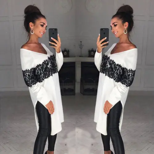 

Ladies Women Trendy Long Sleeve Clothing Casual T-shirt Slit Lace V Neck Loose Asymmetric Loose Tops