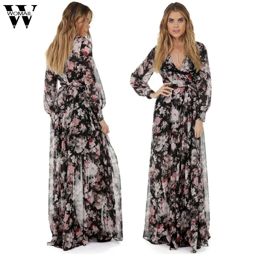 Womail dress Broadcloth Regular vestidos beautiful cheap dresses Long Sleeve V Neck Chiffon