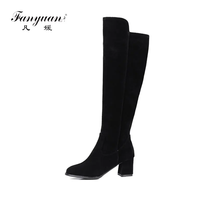 

Fanyuan Winter Shoes Woman Over-The-Knee Boots Casual Block Heels Chelsea Botas Keep Warm Short Plush Long Boots Female Black
