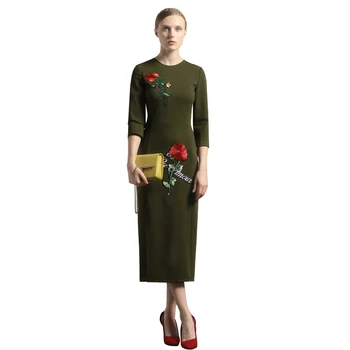 

DF Cotton Embroidery Flowers Women Night Dress Summer 2/3 Sleeves Thin Waist Elegance Dresses Sexy Split DL1001