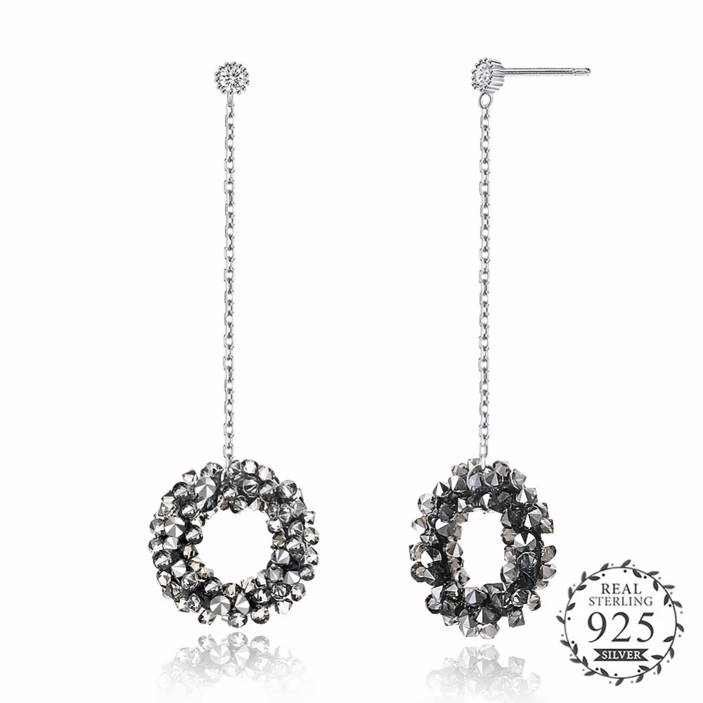 

Elegant Full Black Crystal Cluster Set Round Pendant Earring Real 925 Sterling Silver Long Chain Earring Brand Jewelry E286.