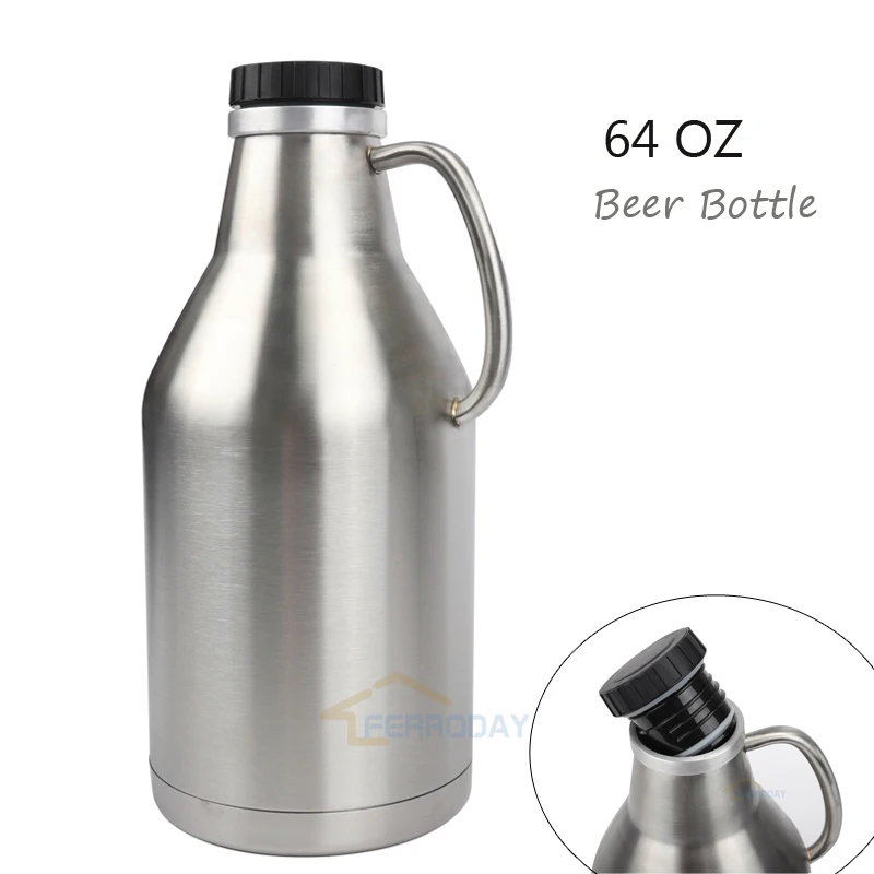 

304 Stainless Steel Growler Jug 64oz 2L Beer Bottle With Handle 2 Liter Beer Pot With Black Plastic Lip