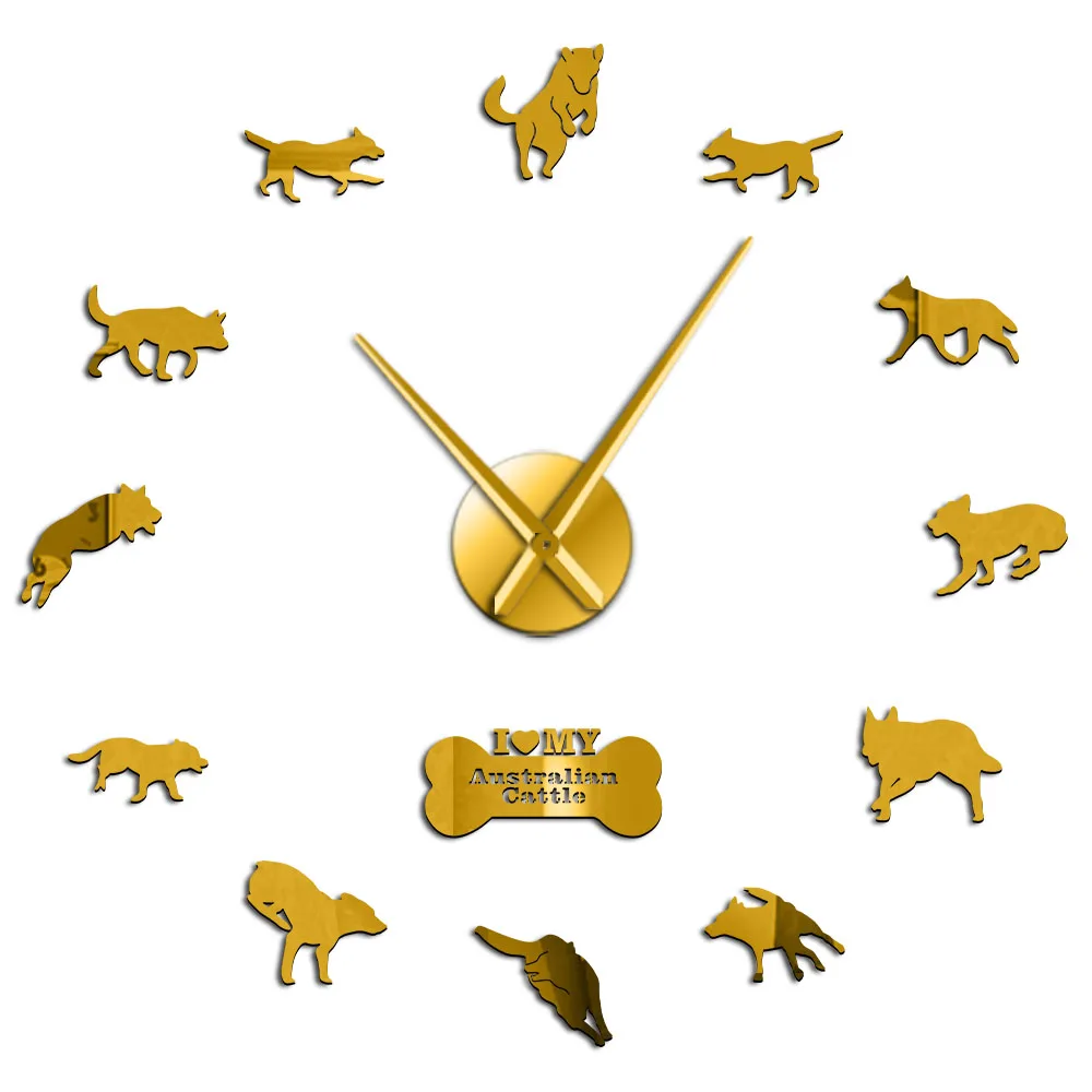 Австралийский Крупный рогатый скот собака большие настенные часы порода собак Австралийский Heeler настенный щенок домашний Декор большие часы бескаркасные бесшумные настенные часы - Цвет: Gold