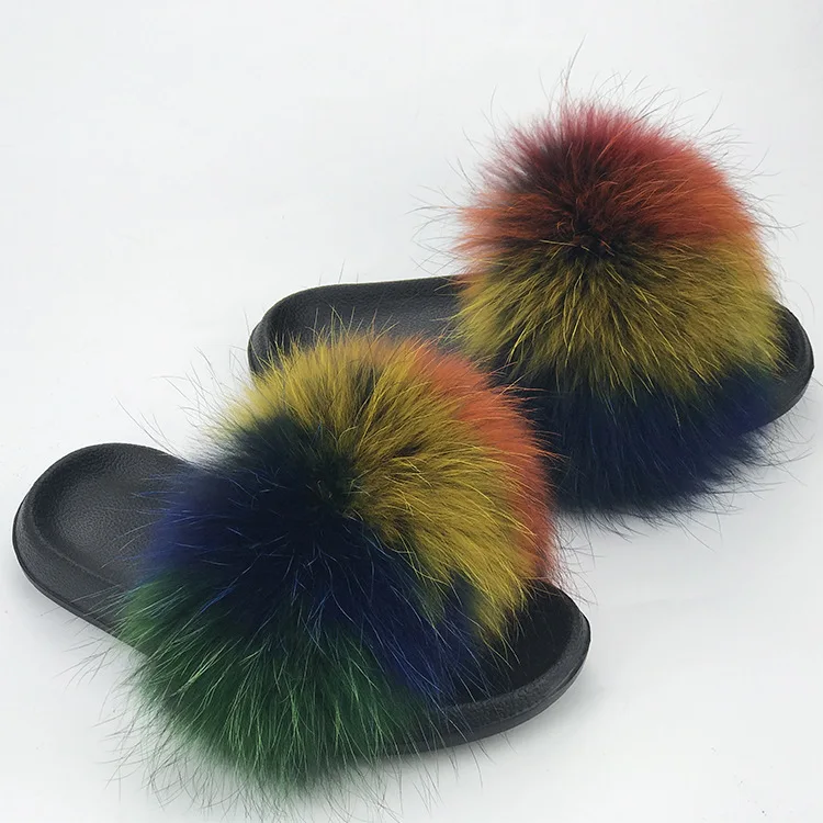 Real Raccoon Fur Slippers Women Sliders Casual Fox Hair Flat Fluffy Fashion Home Summer Big Size 45 Furry Flip Flops Shoes