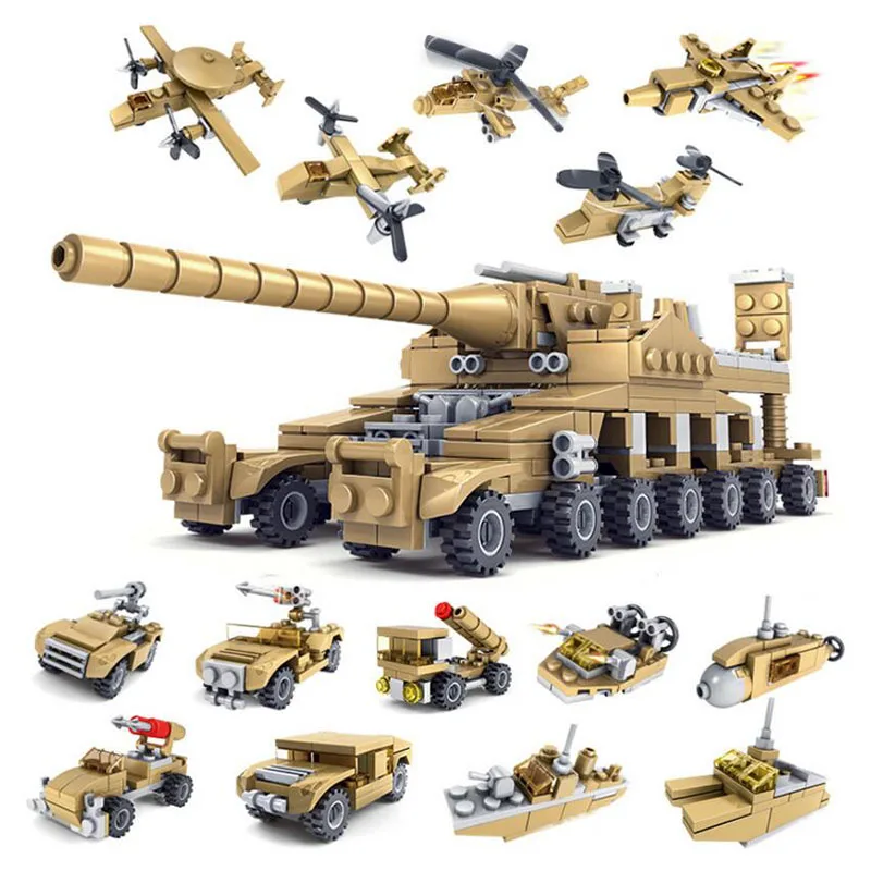 

544pcs Particle Building Blocks Toys Children Military Armored Car Model 16 Box Set Tank Assembly Transformation Toys for Kids