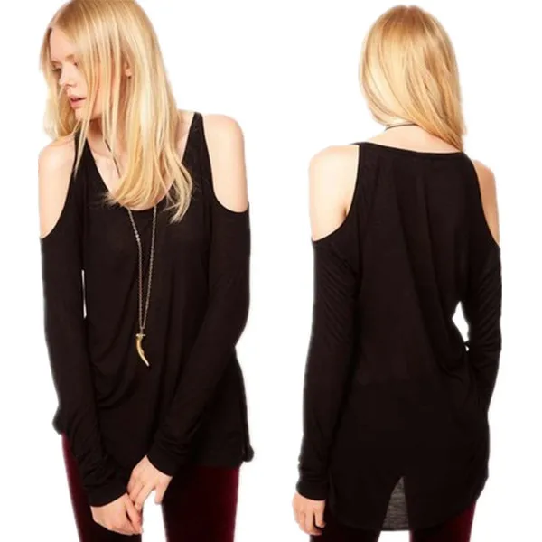 Hot Sale Ladies Long T shirts long sleeve Off the shoulder shirt Black