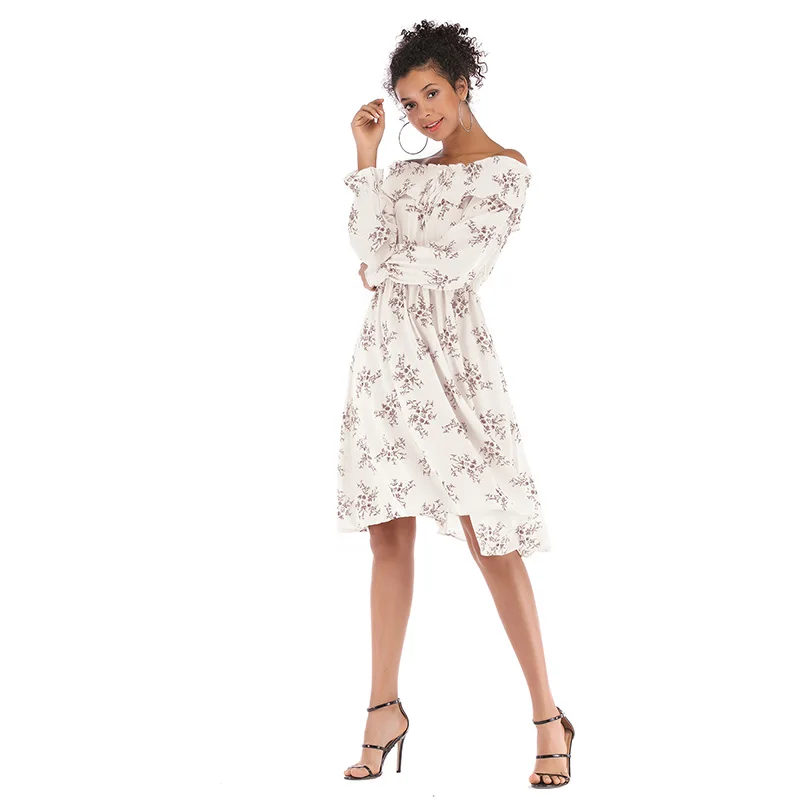 

Elegant Off Shoulder Floral Dress Women Long Sleeve Autumn White Blue Boho Party Midi Dresses Sexy Chiffon Flower Vestidos