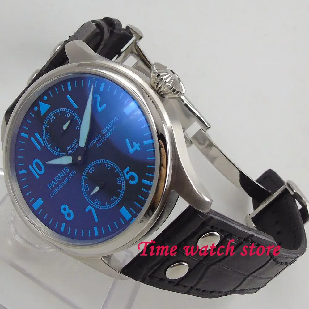 47mm Parnis ST 2542 Automatic wrist watch men power reserve blue display marks luminous deployant clasp leather strap 1196