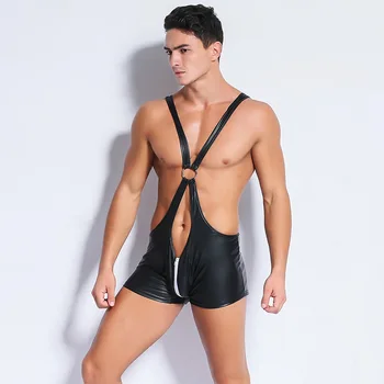 

Zipper Open Crotch U Convex Pouch Trade Men's Sexy Underwear Faux Leather Tight Bandage Jumpsuit Stage Play club Gay Wear