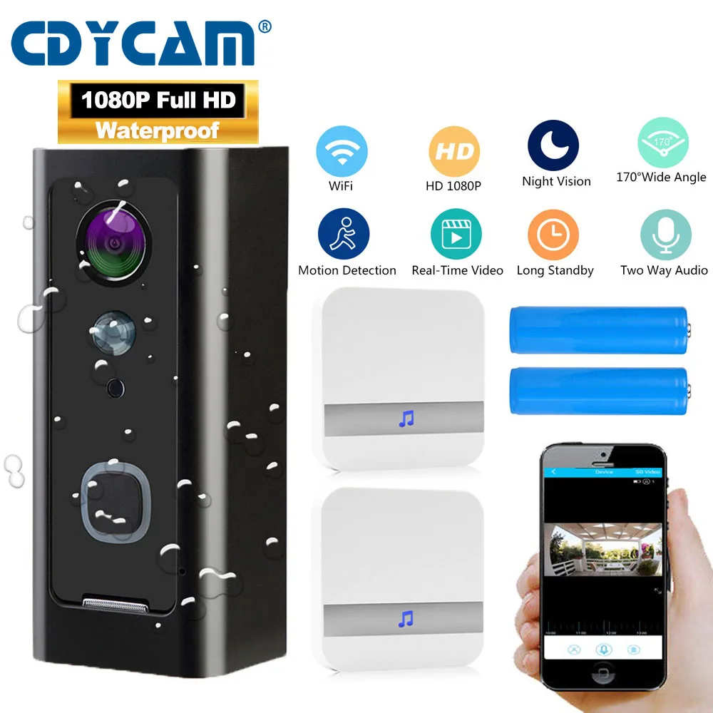 CDYCAM Full HD 1080P Wifi видео дверной звонок Водонепроницаемая беспроводная домашняя Secity камера Двусторонняя аудио связь ночное видение PIR смартфон