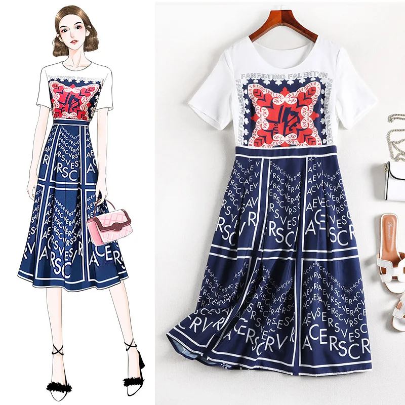 

Summer dress Short Sleeves O-Neck Printed Fashion A-Line Dresses Chiffon Printed Vintage Casual Dress Clothes Plus size XL-5XL