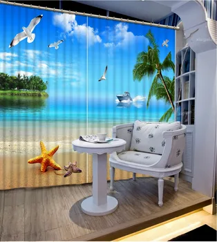 

3D Curtain Beach starfish bottle boat Scenery Digital Photo Printing Blackout 3D Curtains for Living Room Bedding Room Cortinas
