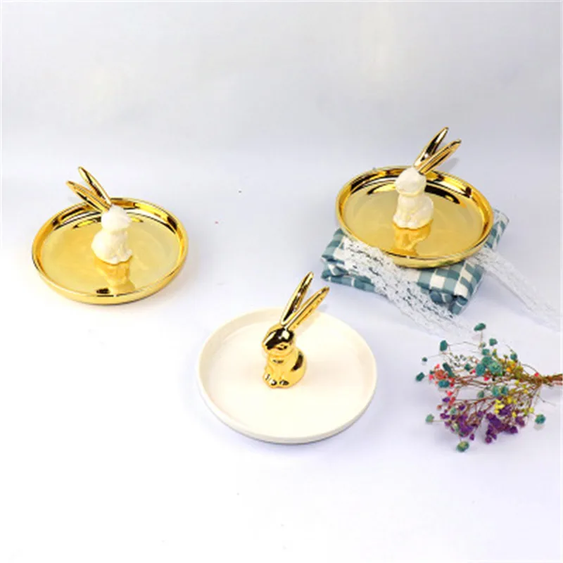

European Ceramic Crafts Golden Rabbit Jewelry Plate Small Dish Storage Plate Gold-Plated Rabbit Ornaments Shooting Jewelry